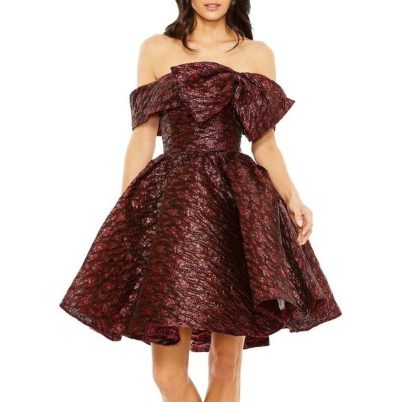 Mac Duggal Size 2 Red 68622 Brocade Off Shoulder Bow Detail Mini Cocktail Dress - Picture 1 of 7